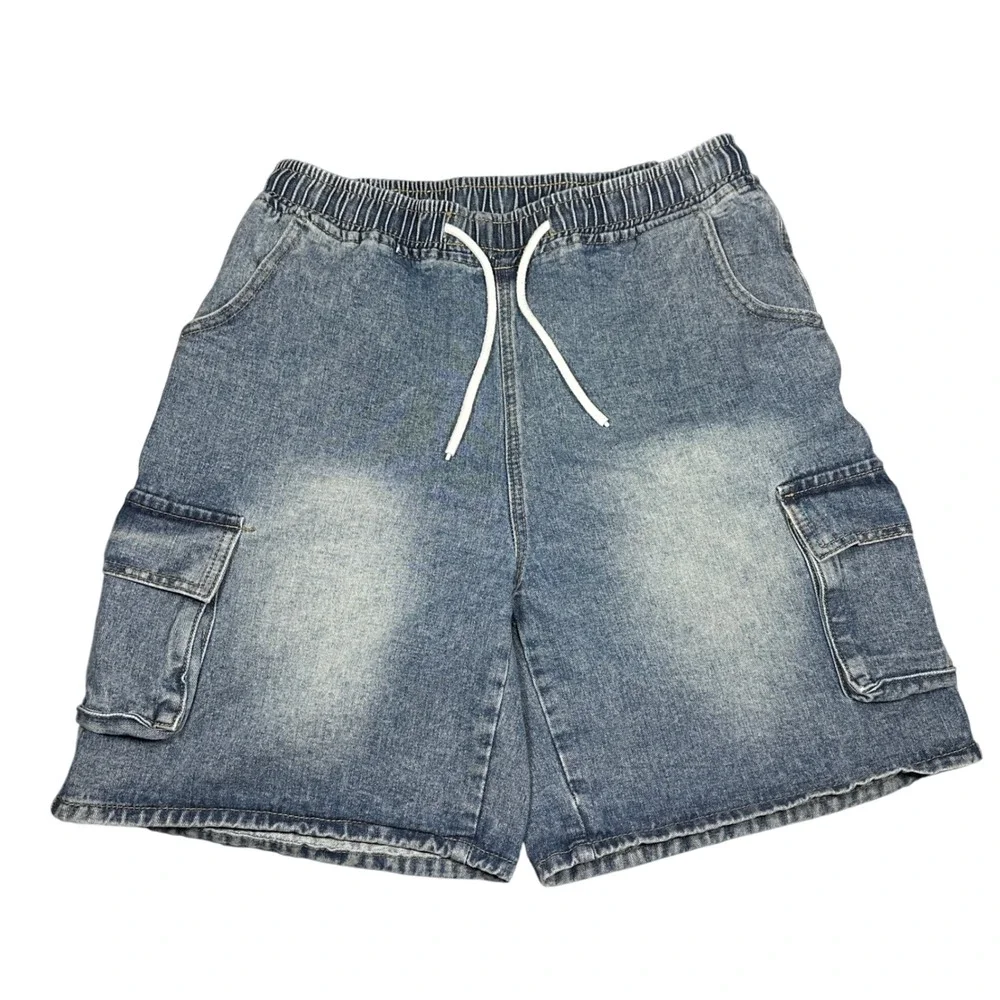 Faded Mens Cargo Baggy Denim Shorts Medium Wash Elastic Waist Drawstring Size M